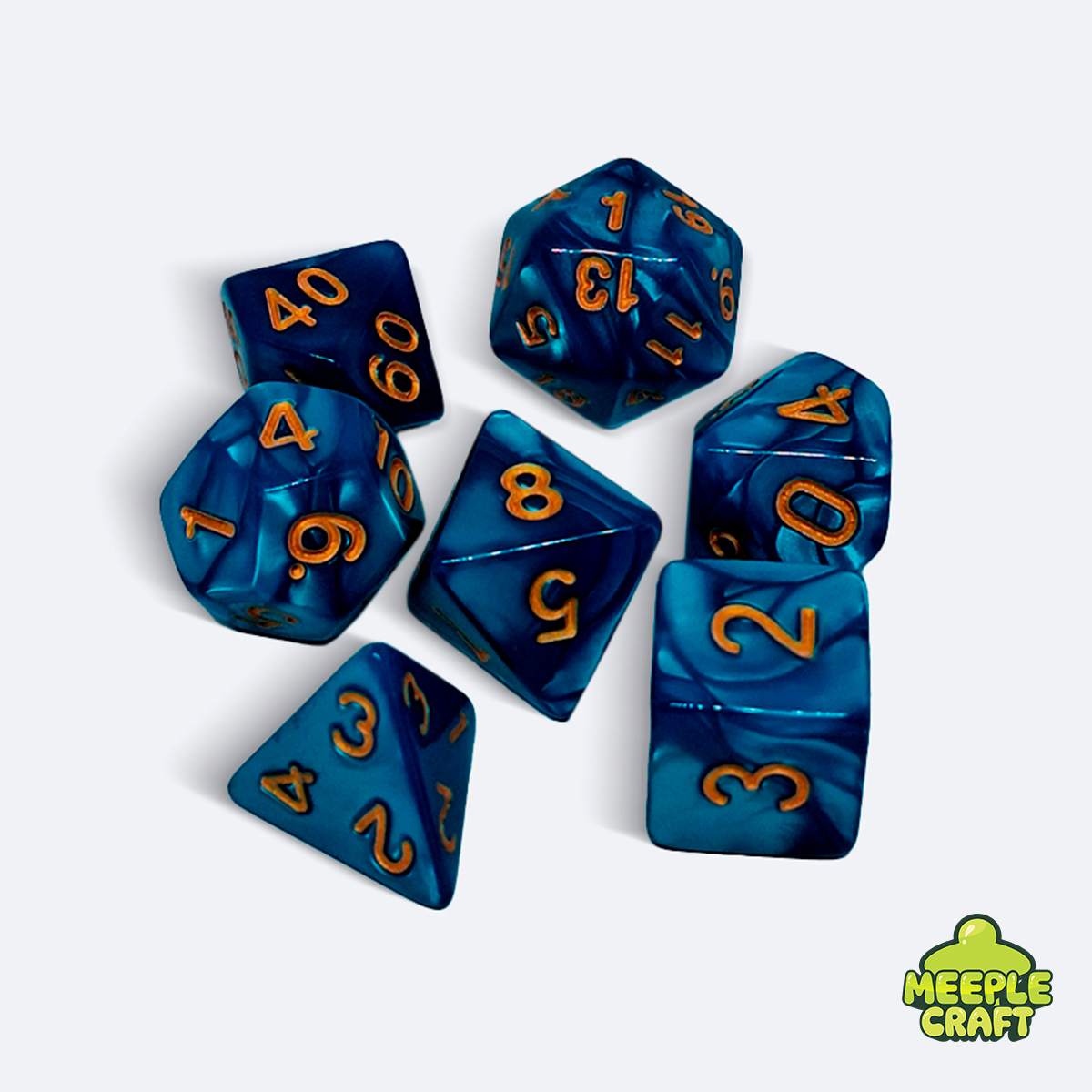 Kit de dados RPG perolado azul petróleo/dourado