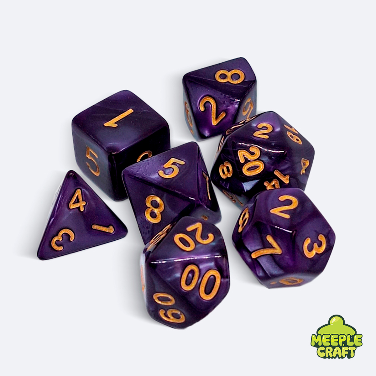 Kit de dados RPG perolado roxo/dourado