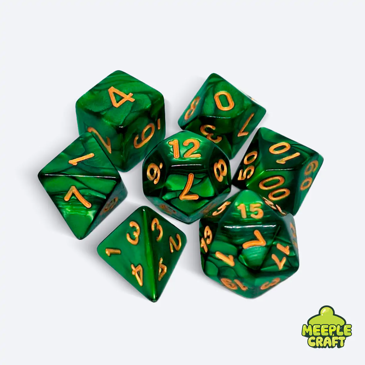 Kit de dados RPG perolado verde broto/dourado