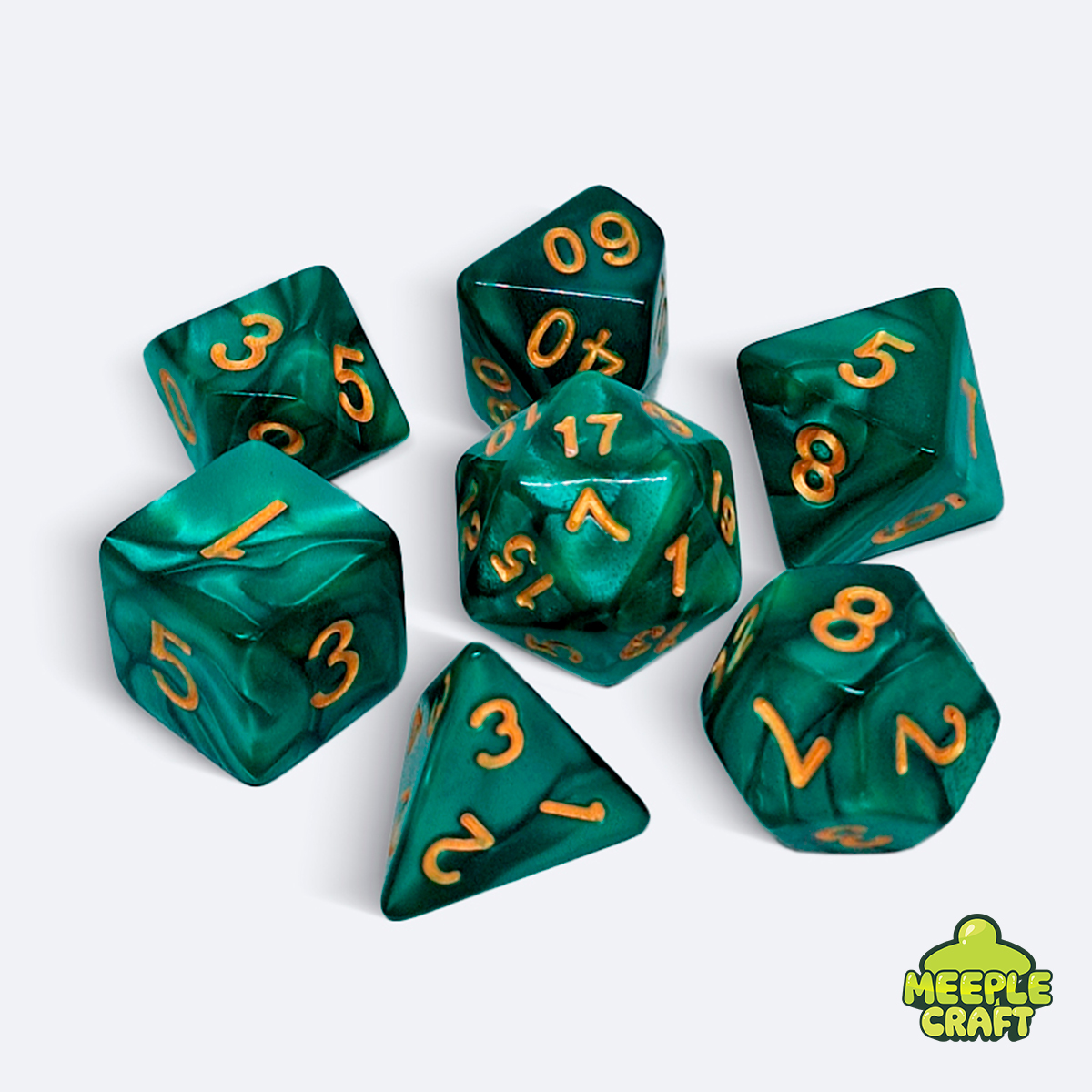 Kit de dados RPG perolado verde/dourado