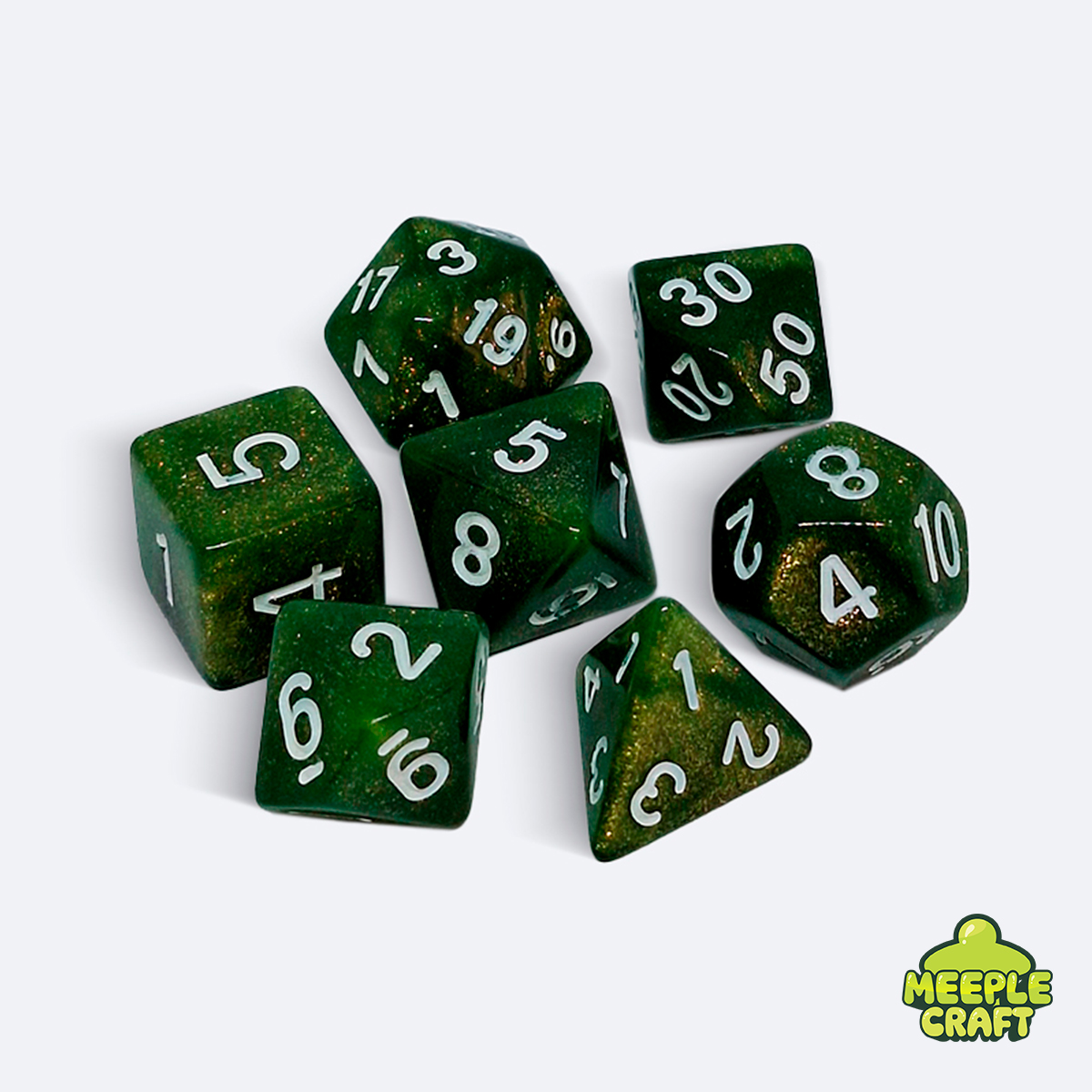 Kit de dados RPG perolado verde broto/branco