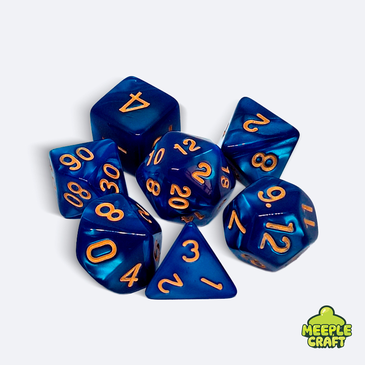 Kit de dados RPG perolado azul/dourado