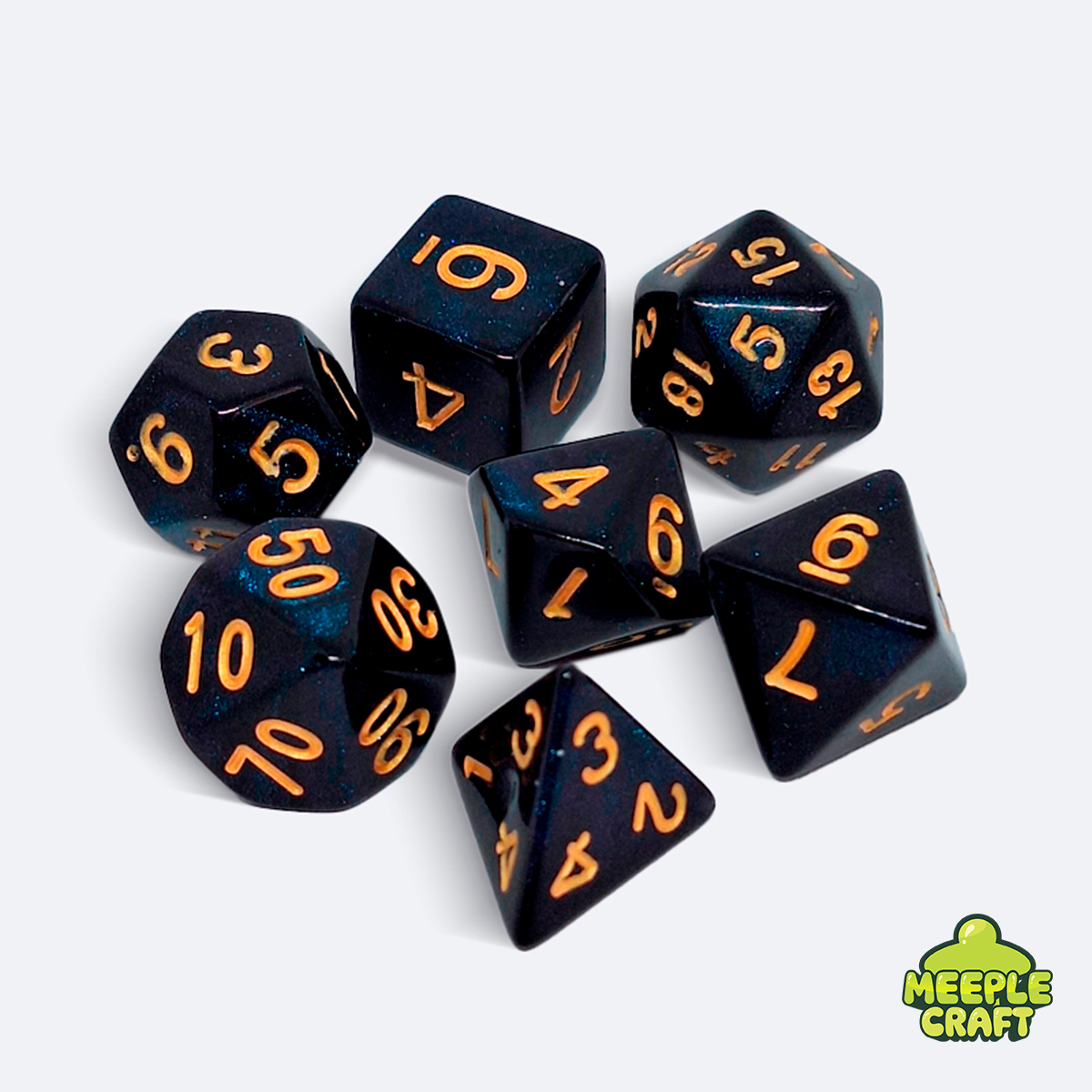 Kit de dados RPG perolado azul profundo/dourado